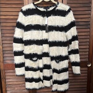 Black and White Striped Fuzzy Cardigan